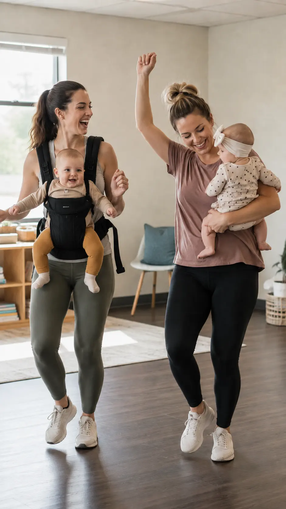 Zwei Mütter tanzen gemeinsam mit ihren Babys